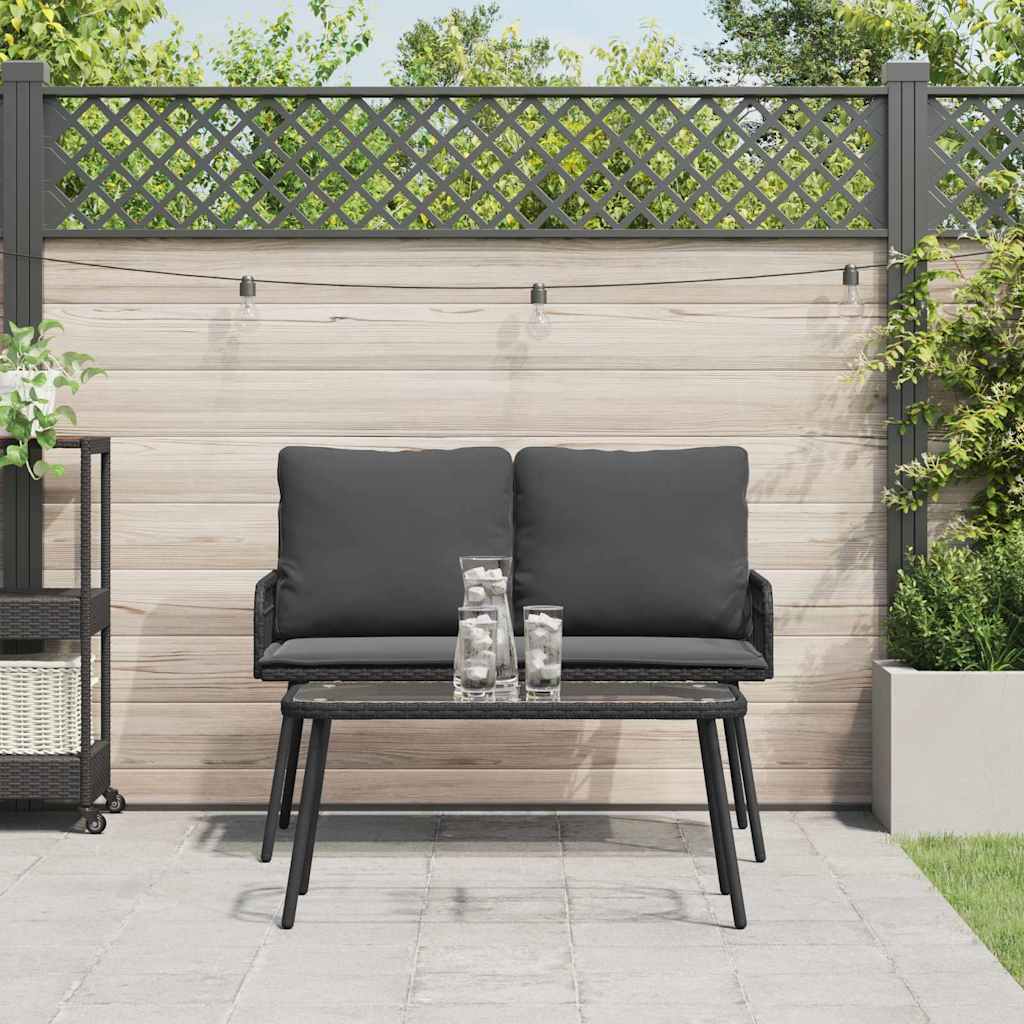 2-teiliges Gartentischset mit Kissen, Schwarz, aus Poly-Rattan